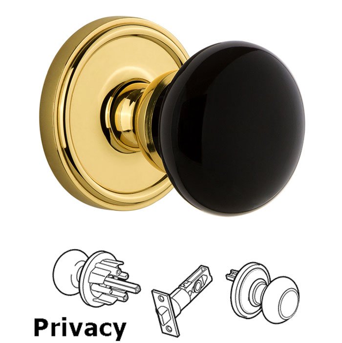 Grandeur Privacy - Georgetown Rosette with Black Coventry Porcelain Knob in Polished Brass