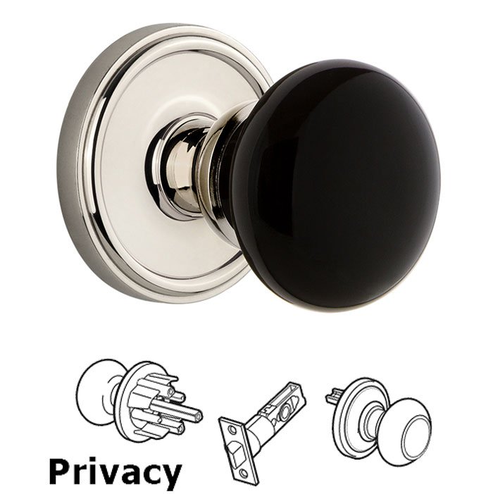 Grandeur Privacy - Georgetown Rosette with Black Coventry Porcelain Knob in Polished Nickel