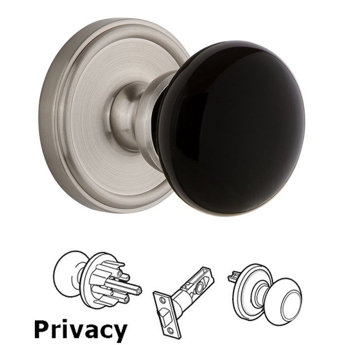 Grandeur Privacy - Georgetown Rosette with Black Coventry Porcelain Knob in Satin Nickel