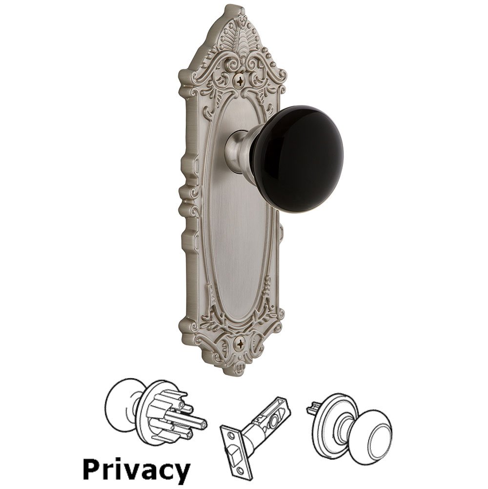 Grandeur Privacy - Grande Victorian Rosette with Black Coventry Porcelain Knob in Satin Nickel