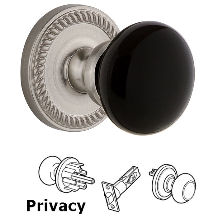 Grandeur Privacy - Newport Rosette with Black Coventry Porcelain Knob in Satin Nickel