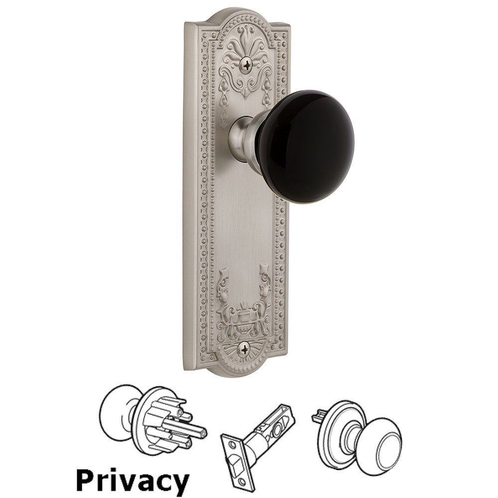 Grandeur Privacy - Parthenon Rosette with Black Coventry Porcelain Knob in Satin Nickel