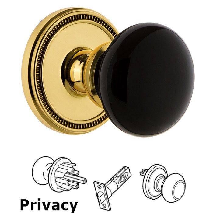 Grandeur Privacy - Soleil Rosette with Black Coventry Porcelain Knob in Lifetime Brass