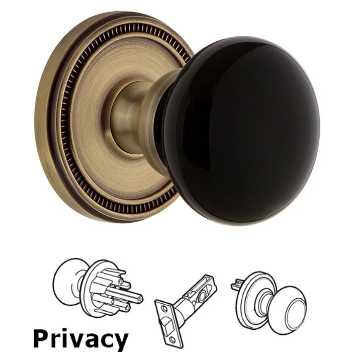 Grandeur Privacy - Soleil Rosette with Black Coventry Porcelain Knob in Vintage Brass