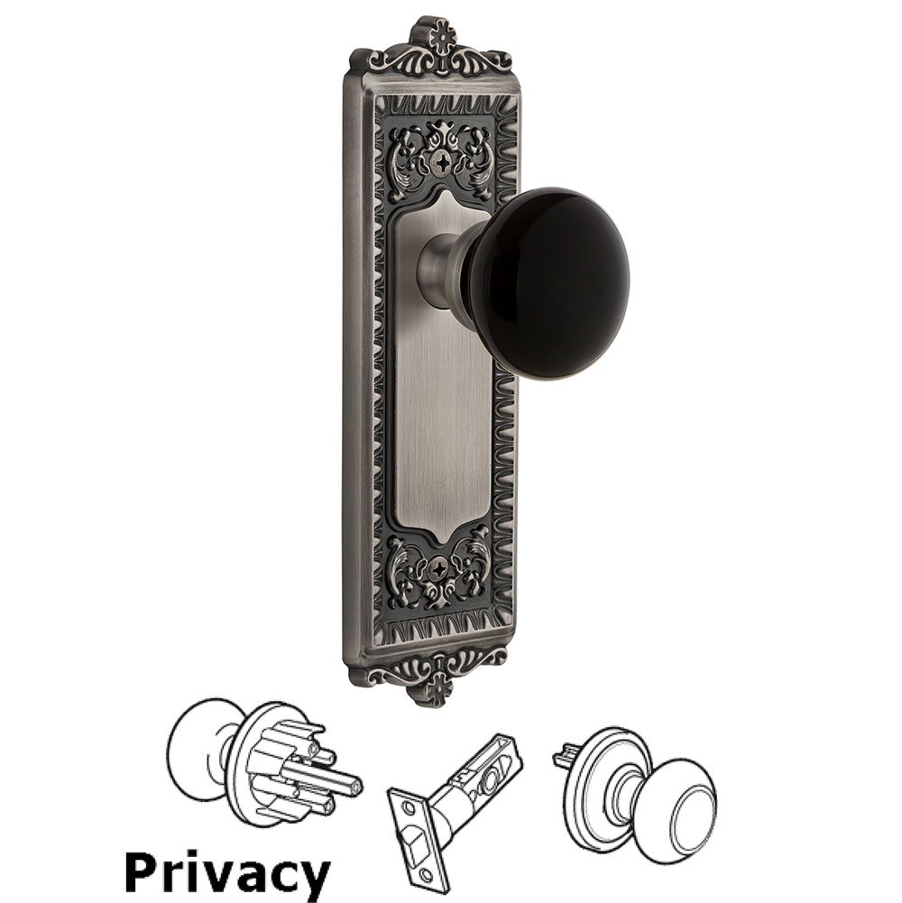 Grandeur Privacy - Windsor Rosette with Black Coventry Porcelain Knob in Antique Pewter
