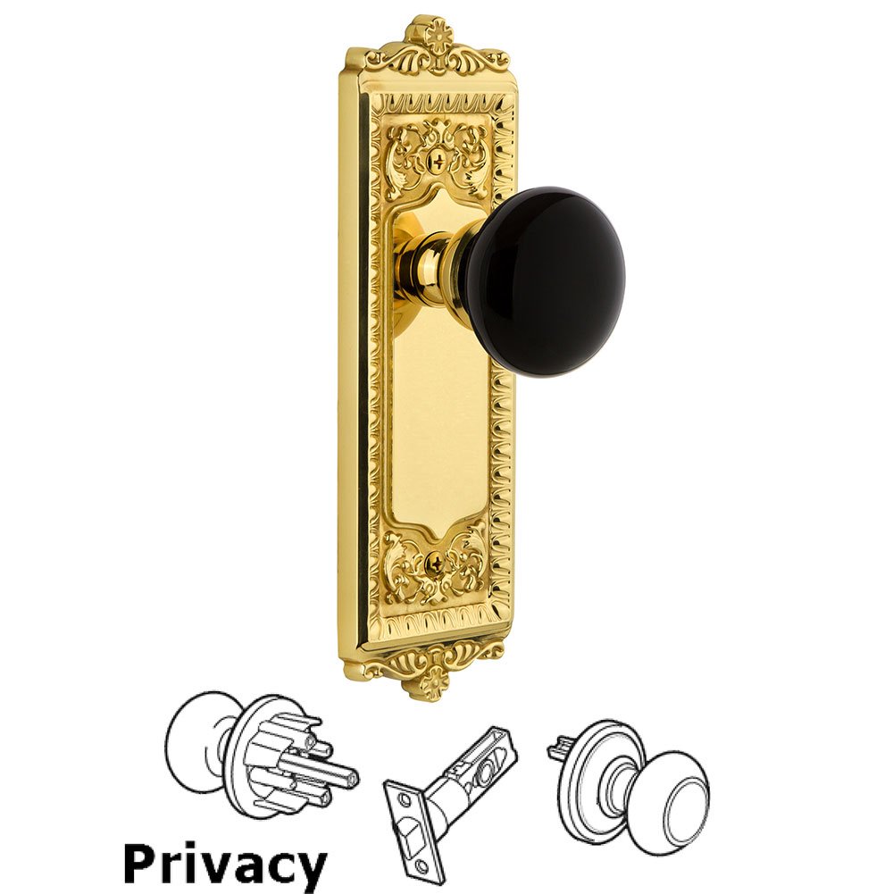 Grandeur Privacy - Windsor Rosette with Black Coventry Porcelain Knob in Polished Brass