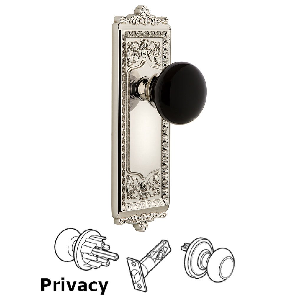 Grandeur Privacy - Windsor Rosette with Black Coventry Porcelain Knob in Polished Nickel