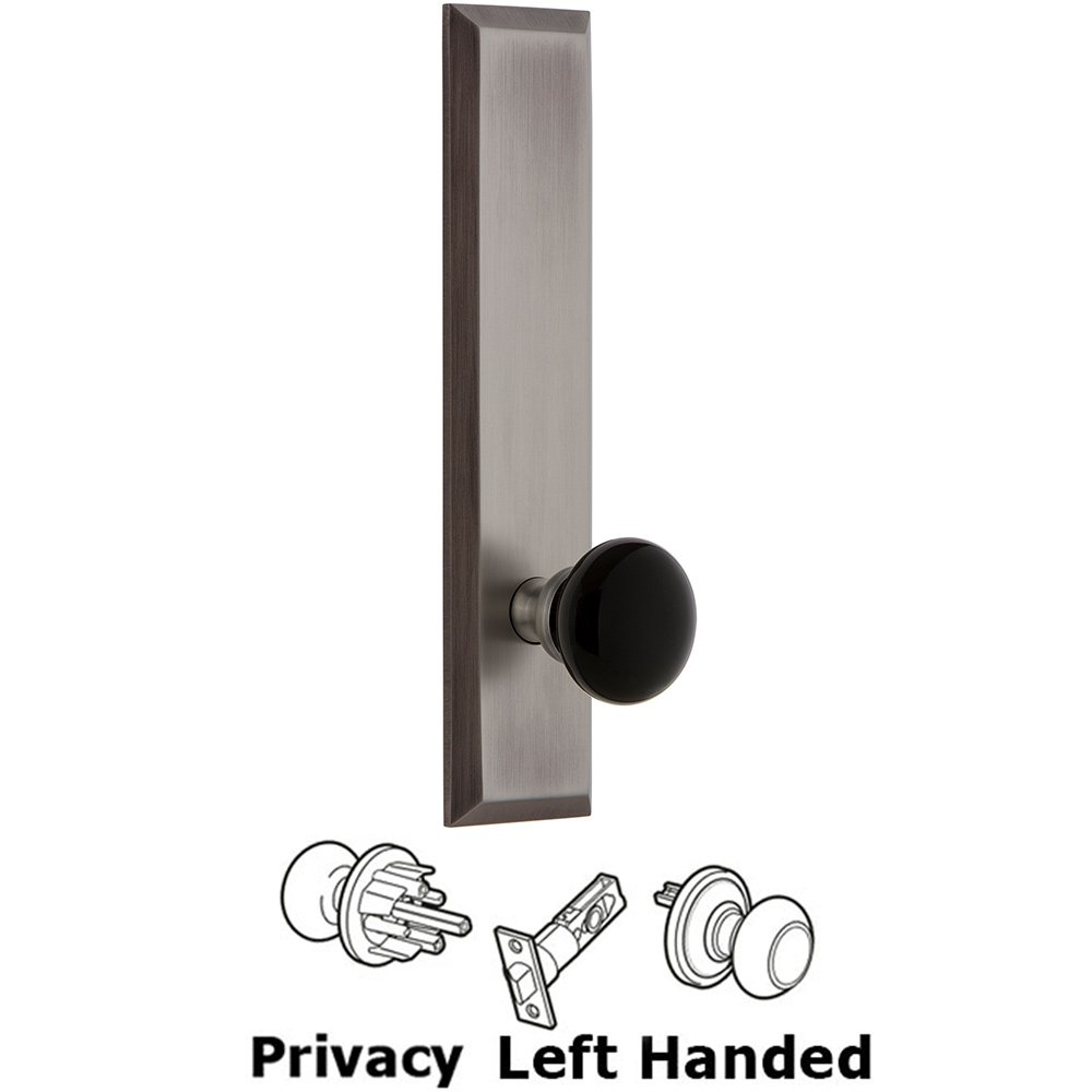 Grandeur Privacy Fifth Avenue Tall Plate with Black Coventry Porcelain Knob in Antique Pewter