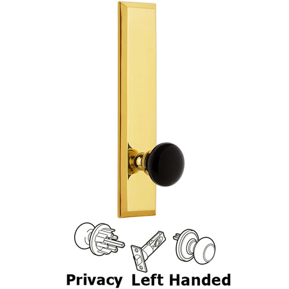 Grandeur Privacy Fifth Avenue Tall Plate with Black Coventry Porcelain Knob in Lifetime Brass