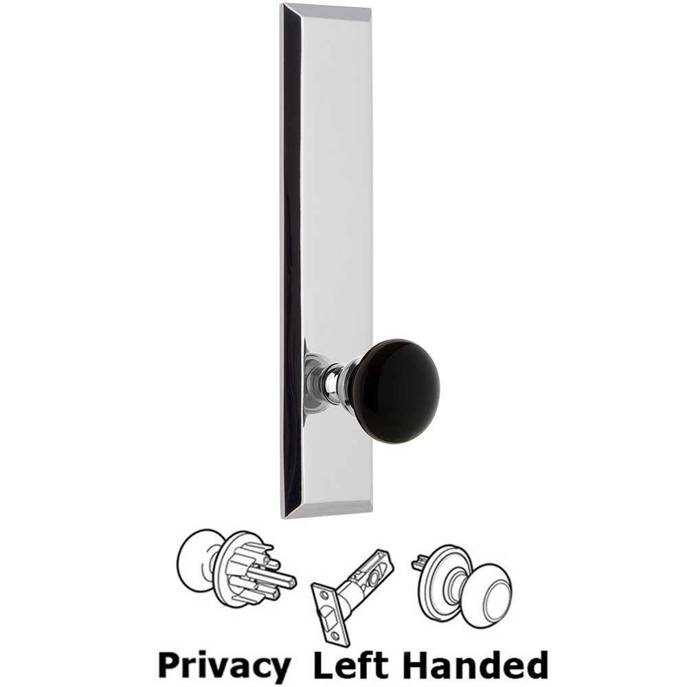 Grandeur Privacy Fifth Avenue Tall Plate with Black Coventry Porcelain Knob in Bright Chrome
