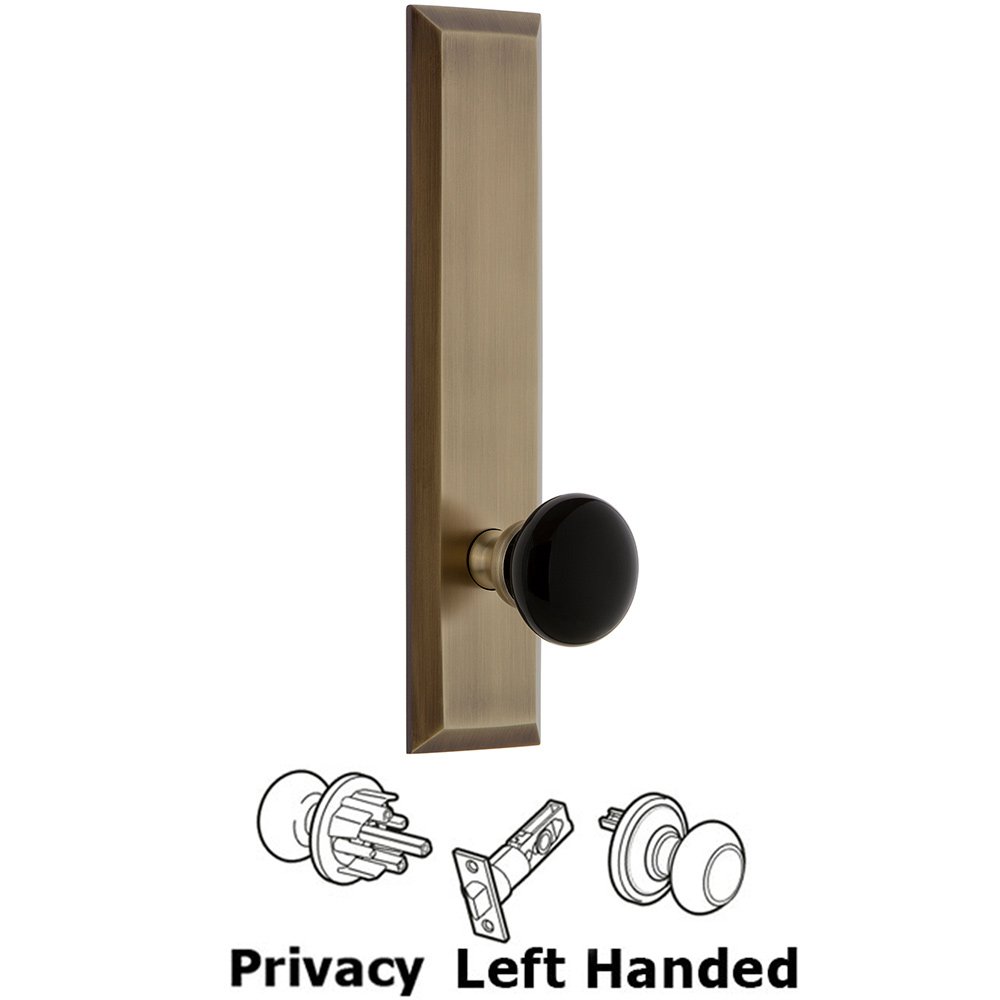 Grandeur Privacy Fifth Avenue Tall Plate with Black Coventry Porcelain Knob in Vintage Brass