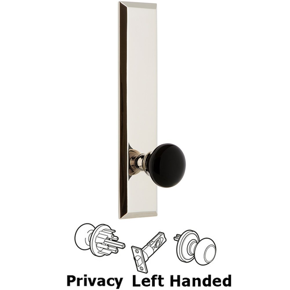 Grandeur Privacy Fifth Avenue Tall Plate with Black Coventry Porcelain Knob in Polished Nickel