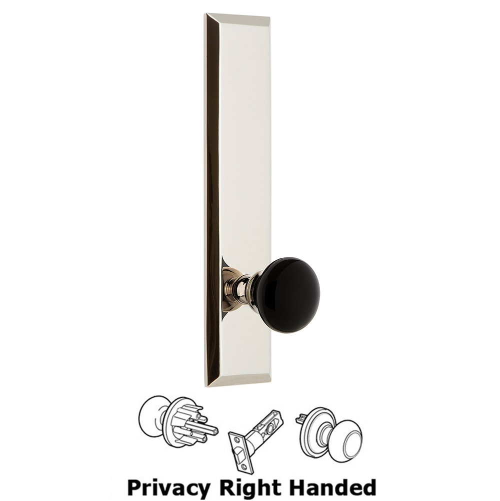 Grandeur Privacy Fifth Avenue Tall Plate with Black Coventry Porcelain Knob in Polished Nickel