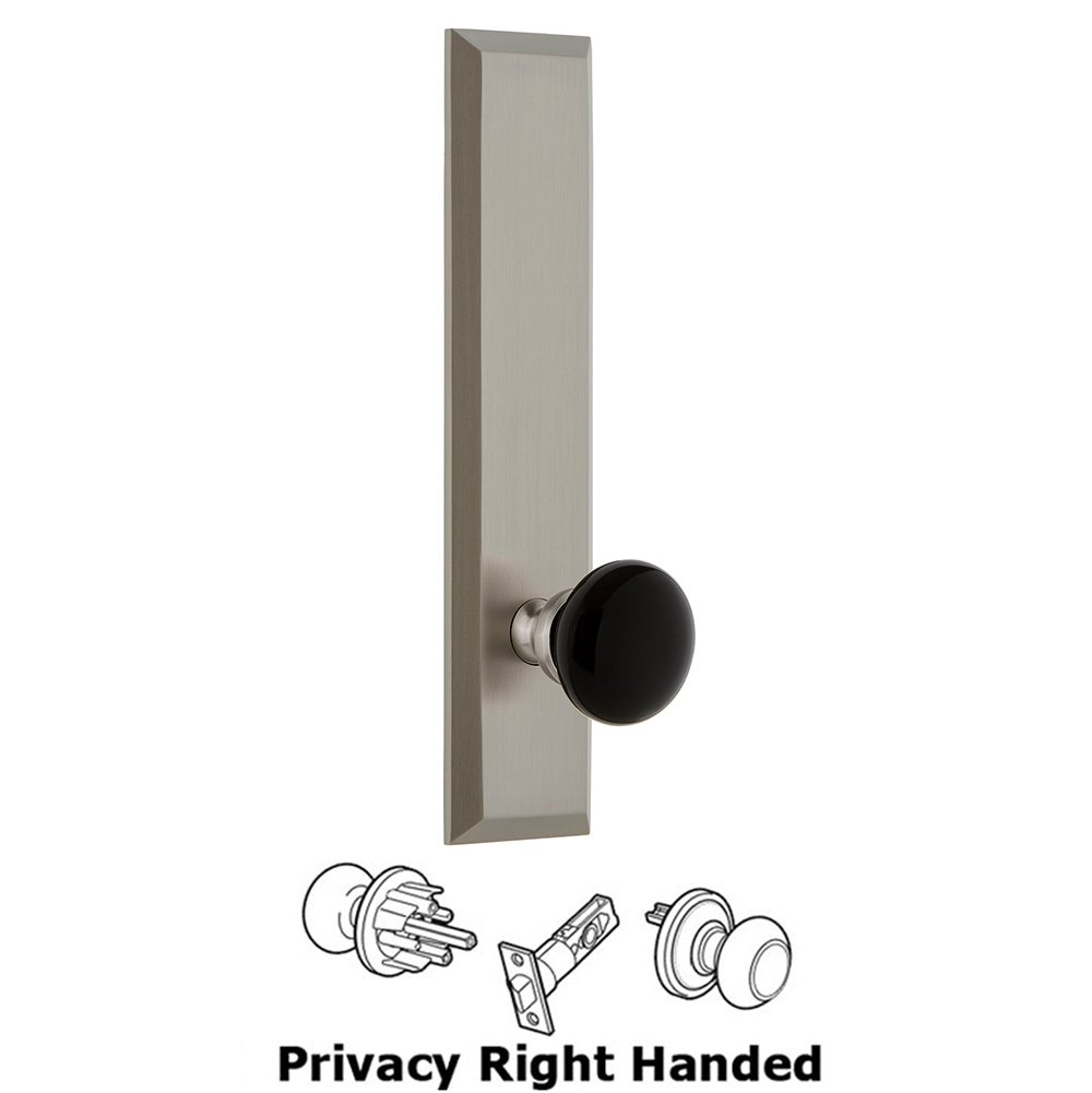 Grandeur Privacy Fifth Avenue Tall Plate with Black Coventry Porcelain Knob in Satin Nickel