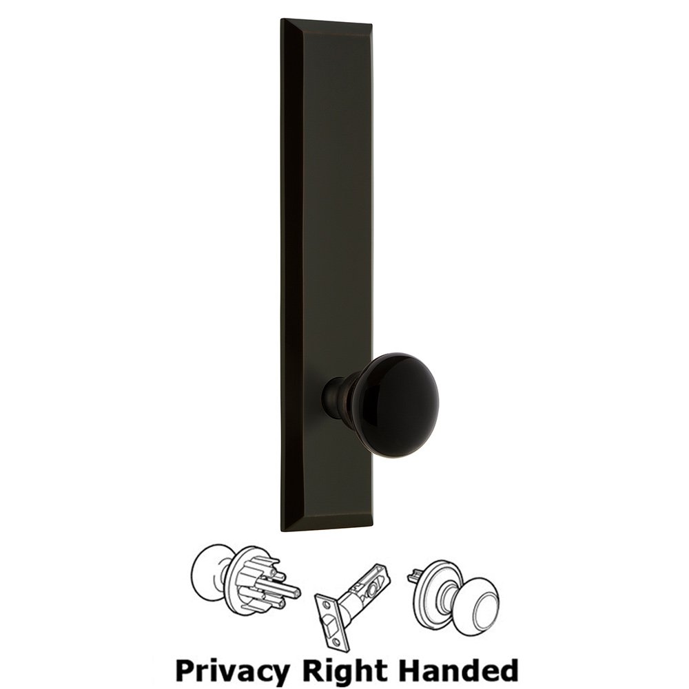 Grandeur Privacy Fifth Avenue Tall Plate with Black Coventry Porcelain Knob in Timeless Bronze