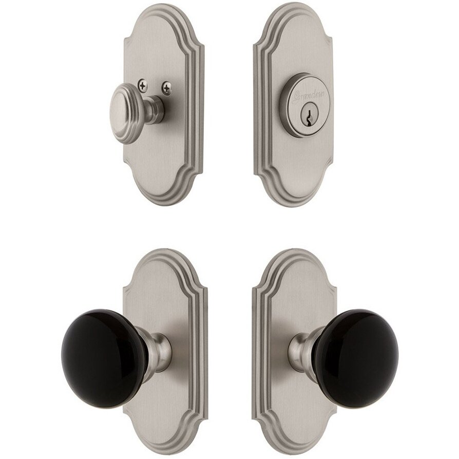 Grandeur Arc Plate with Coventry Knob and matching Deadbolt in Satin Nickel