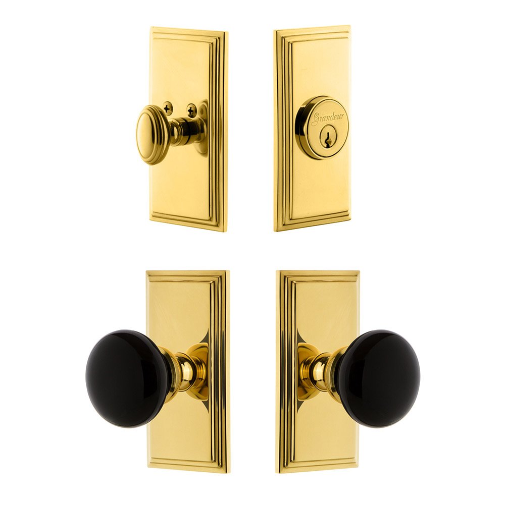Grandeur Carre Plate with Coventry Knob and matching Deadbolt in Lifetime Brass