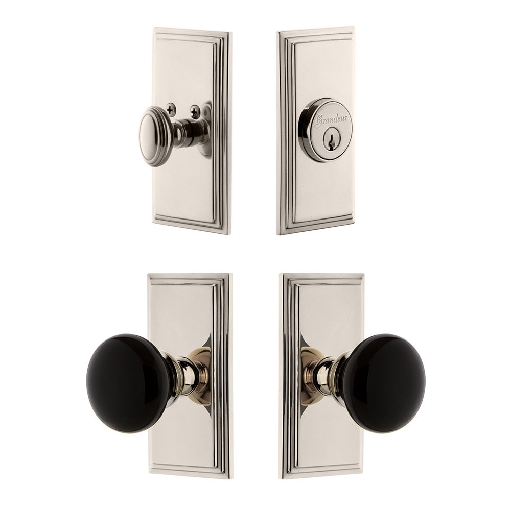 Grandeur Carre Plate with Coventry Knob and matching Deadbolt in Polished Nickel
