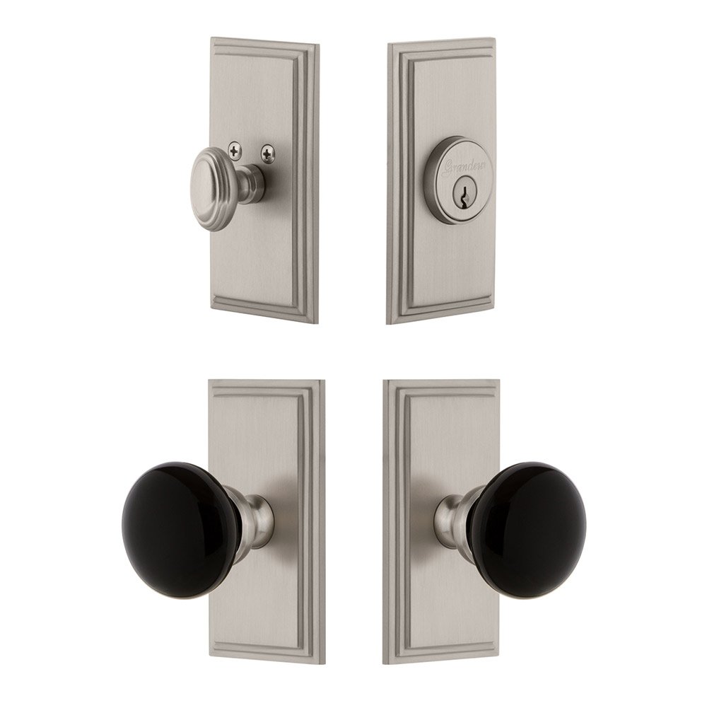 Grandeur Carre Plate with Coventry Knob and matching Deadbolt in Satin Nickel