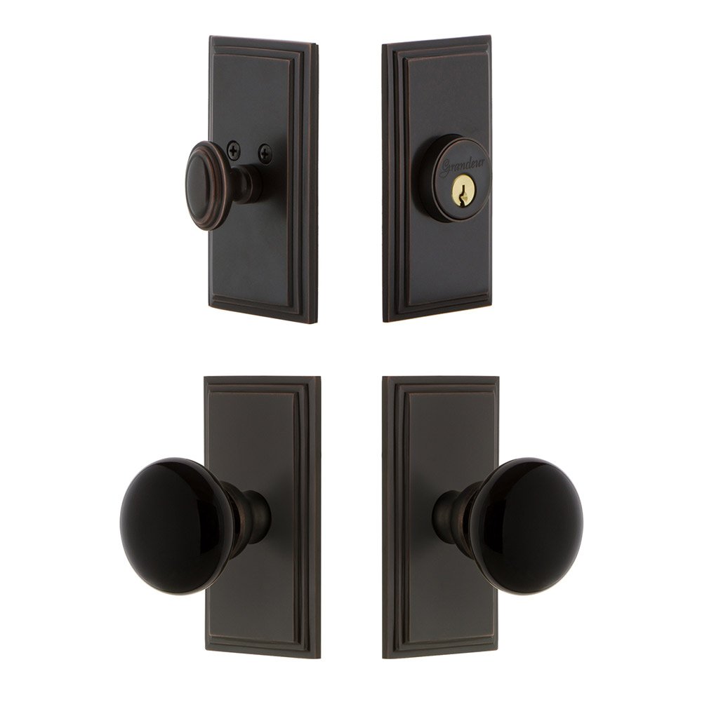 Grandeur Carre Plate with Coventry Knob and matching Deadbolt in Timeless Bronze