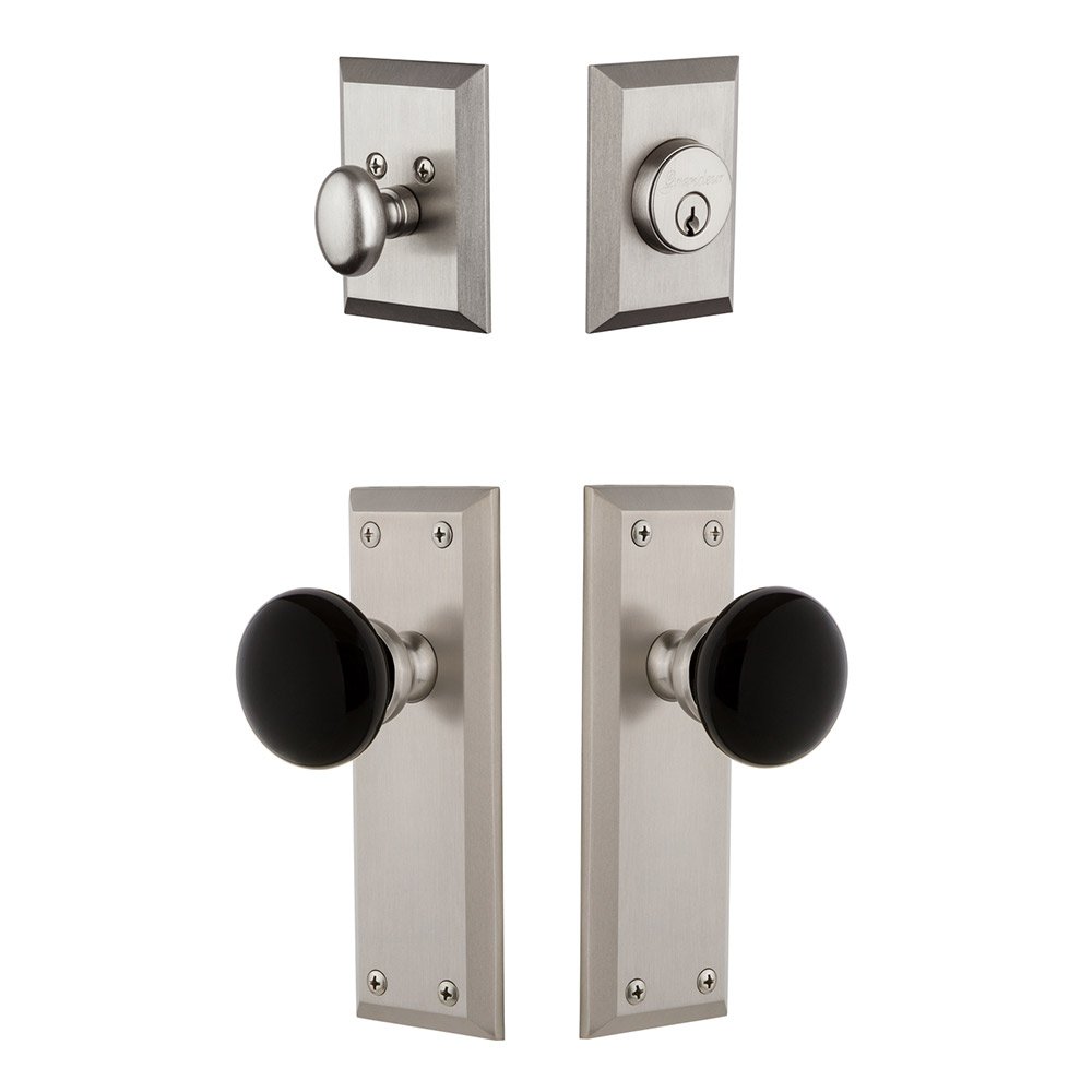 Grandeur Fifth Avenue Plate with Coventry Knob and matching Deadbolt in Satin Nickel