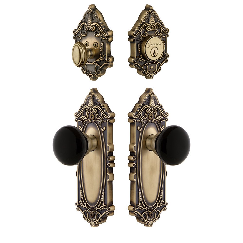 Grandeur Grande Victorian Plate with Coventry Knob and matching Deadbolt in Vintage Brass