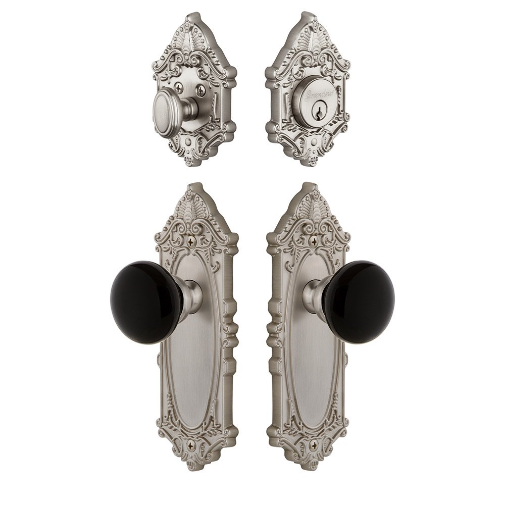 Grandeur Grande Victorian Plate with Coventry Knob and matching Deadbolt in Satin Nickel