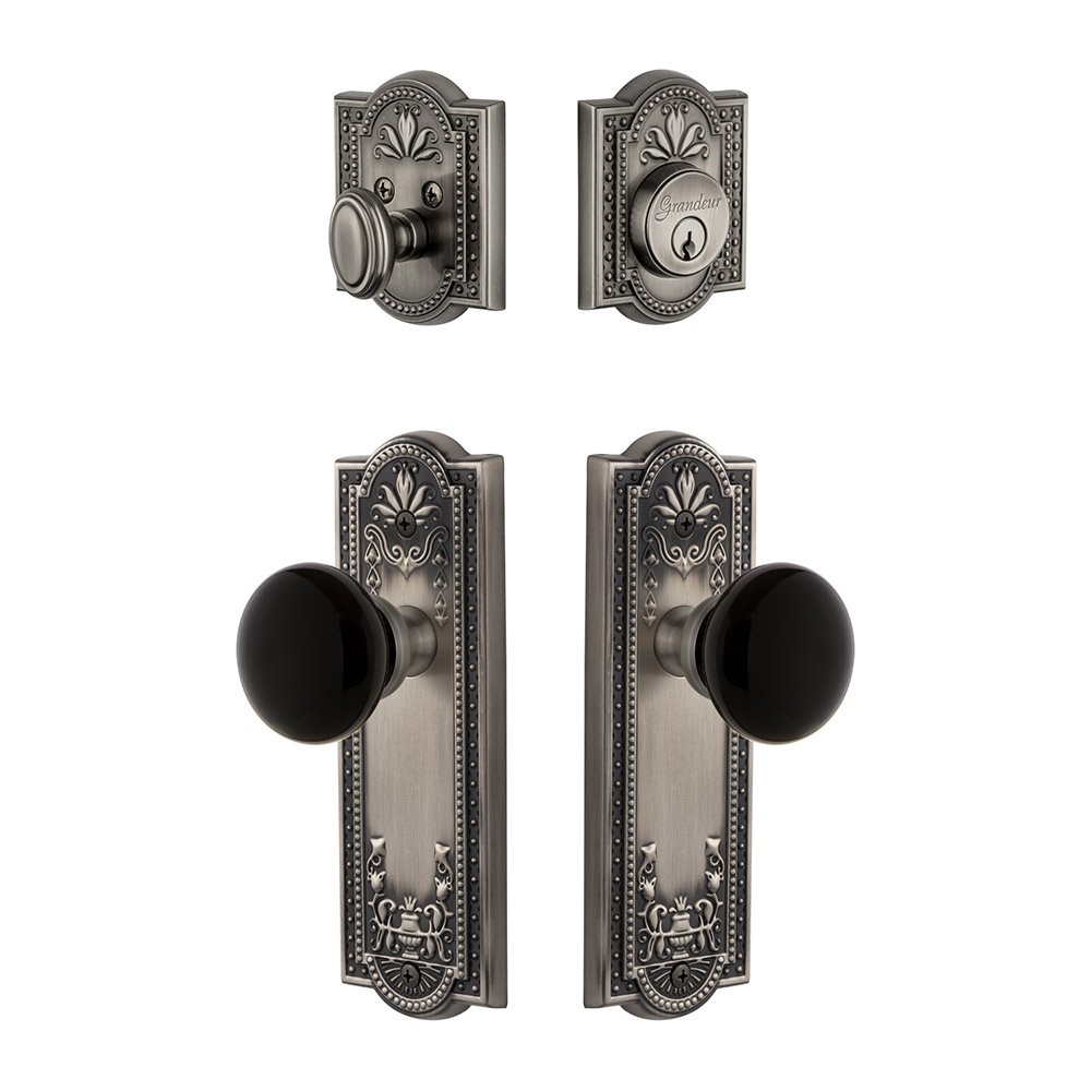Grandeur Parthenon Plate with Coventry Knob and matching Deadbolt in Antique Pewter