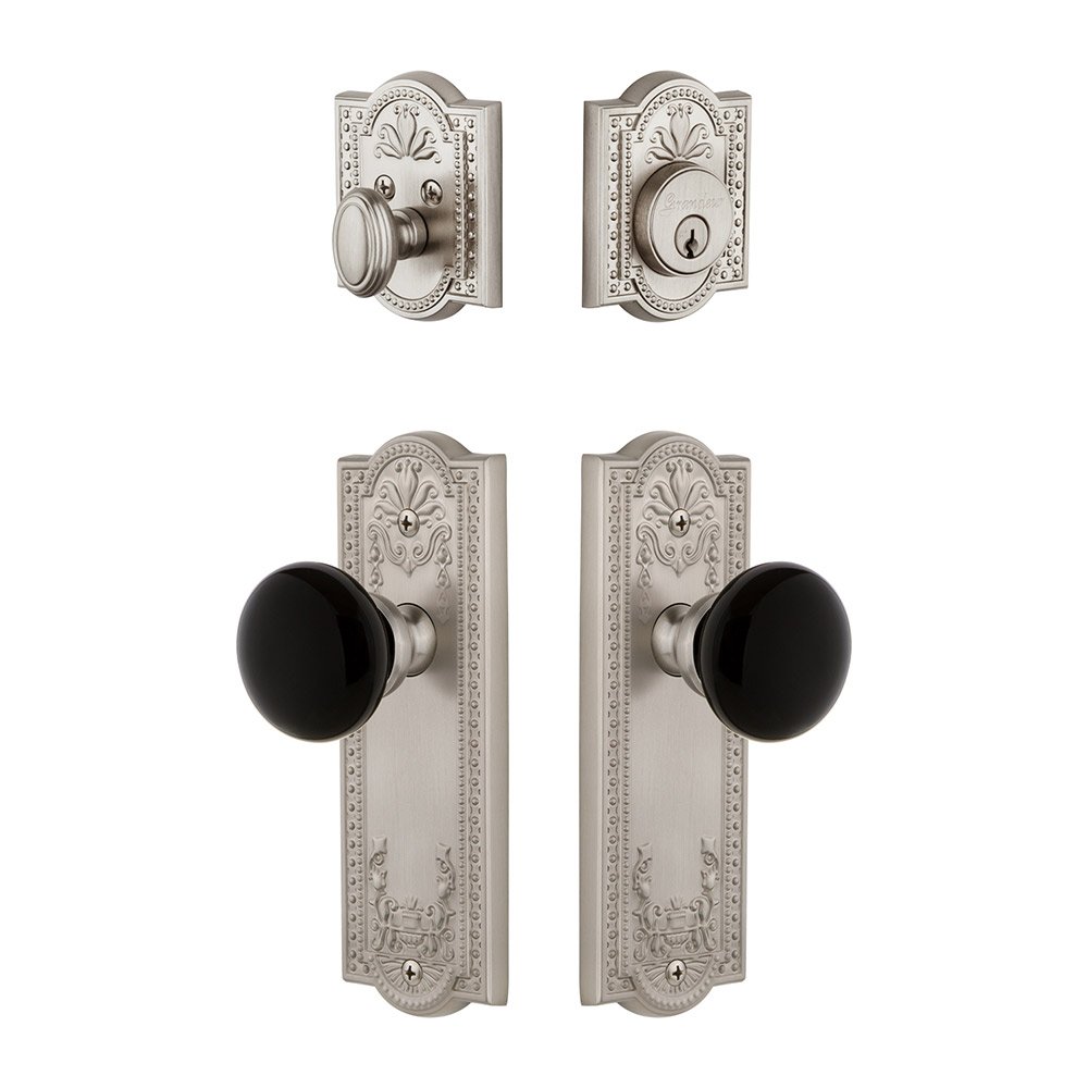 Grandeur Parthenon Plate with Coventry Knob and matching Deadbolt in Satin Nickel
