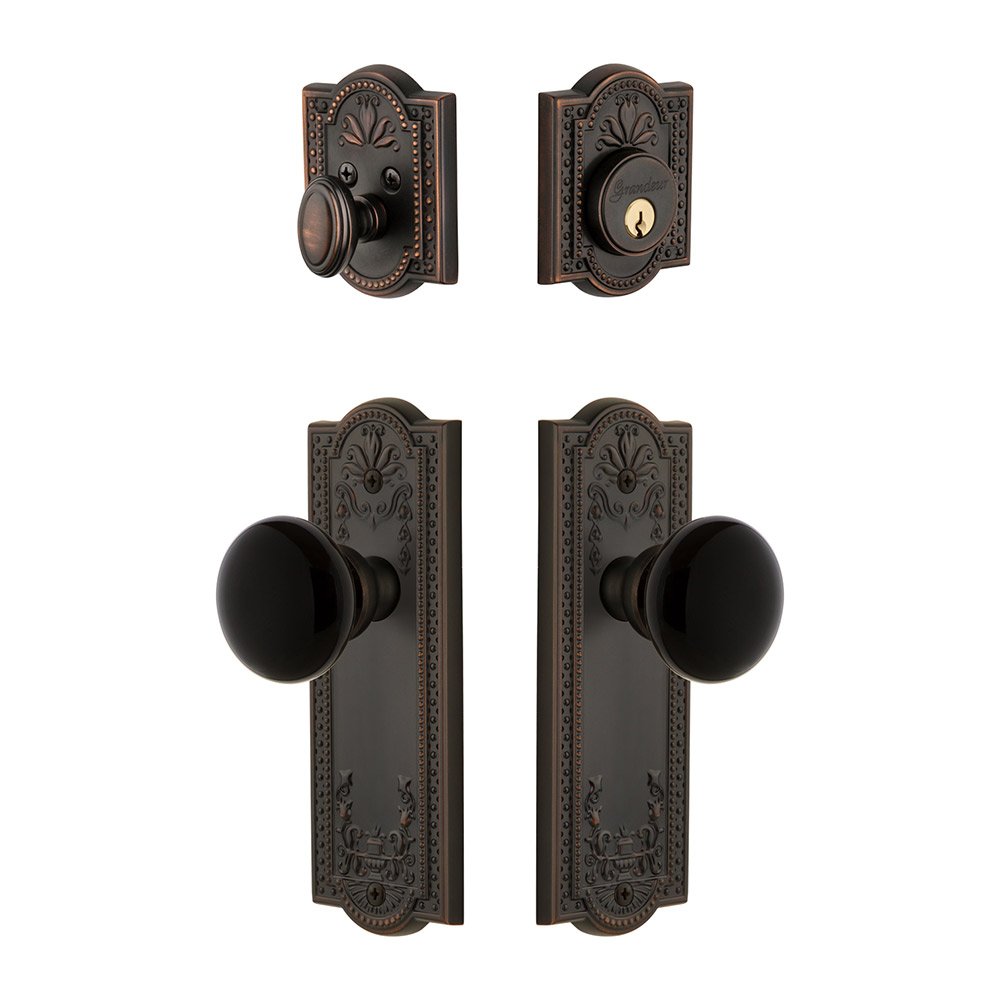 Grandeur Parthenon Plate with Coventry Knob and matching Deadbolt in Timeless Bronze
