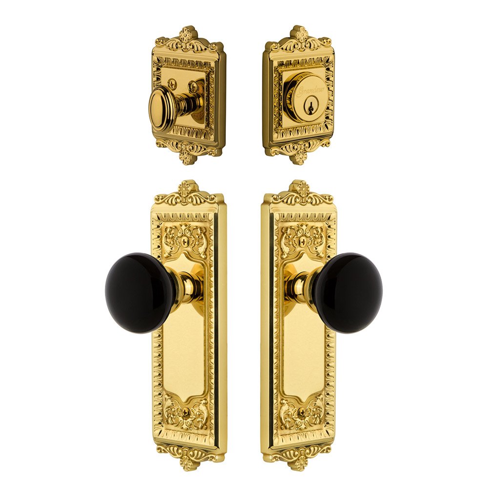 Grandeur Windsor Plate with Coventry Knob and matching Deadbolt in Lifetime Brass