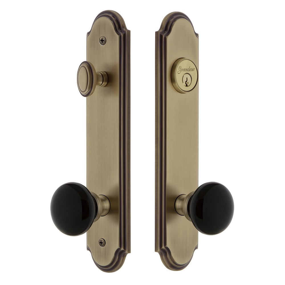 Grandeur Arc Tall Plate Handleset with Coventry Knob in Vintage Brass