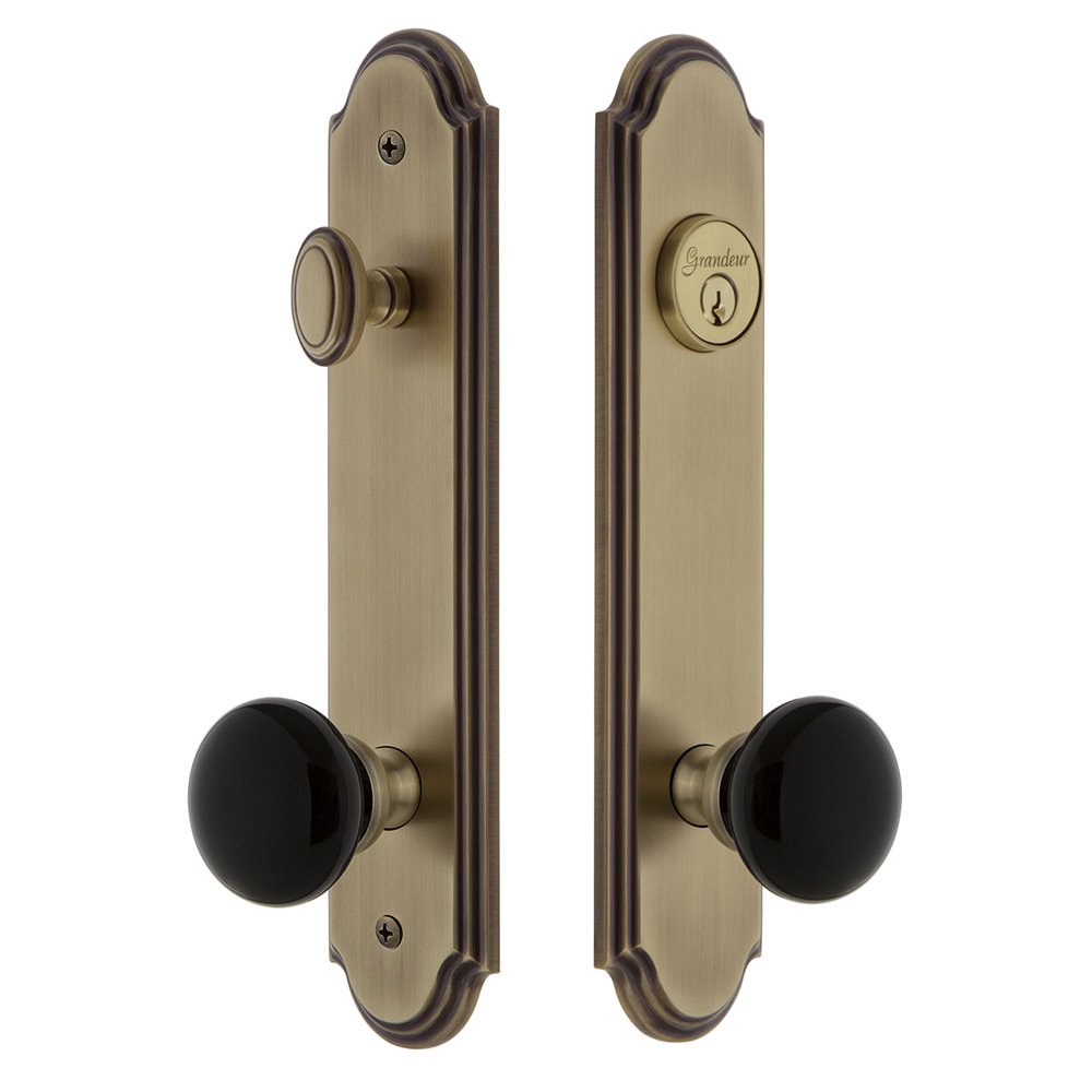 Grandeur Arc Tall Plate Handleset with Coventry Knob in Vintage Brass