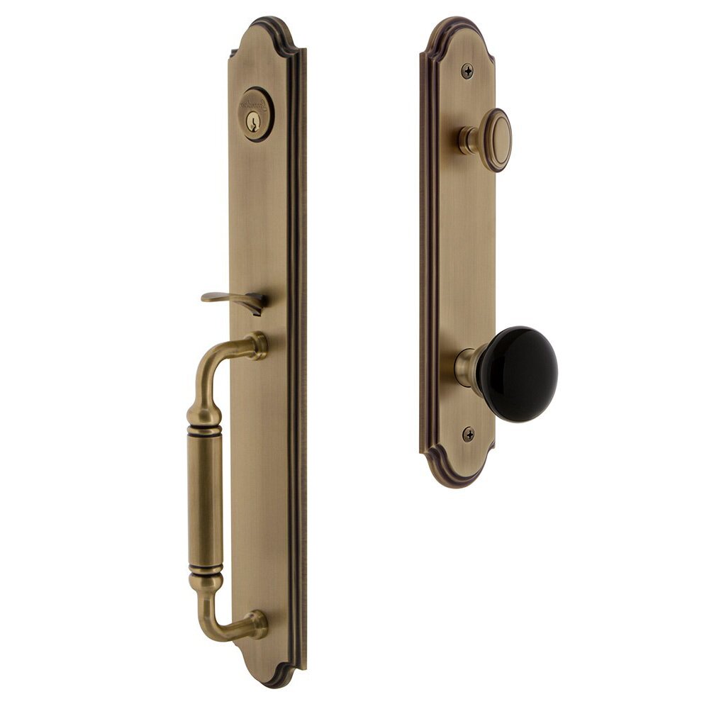 Grandeur Arc One-Piece Handleset with C Grip and Coventry Knob in Vintage Brass