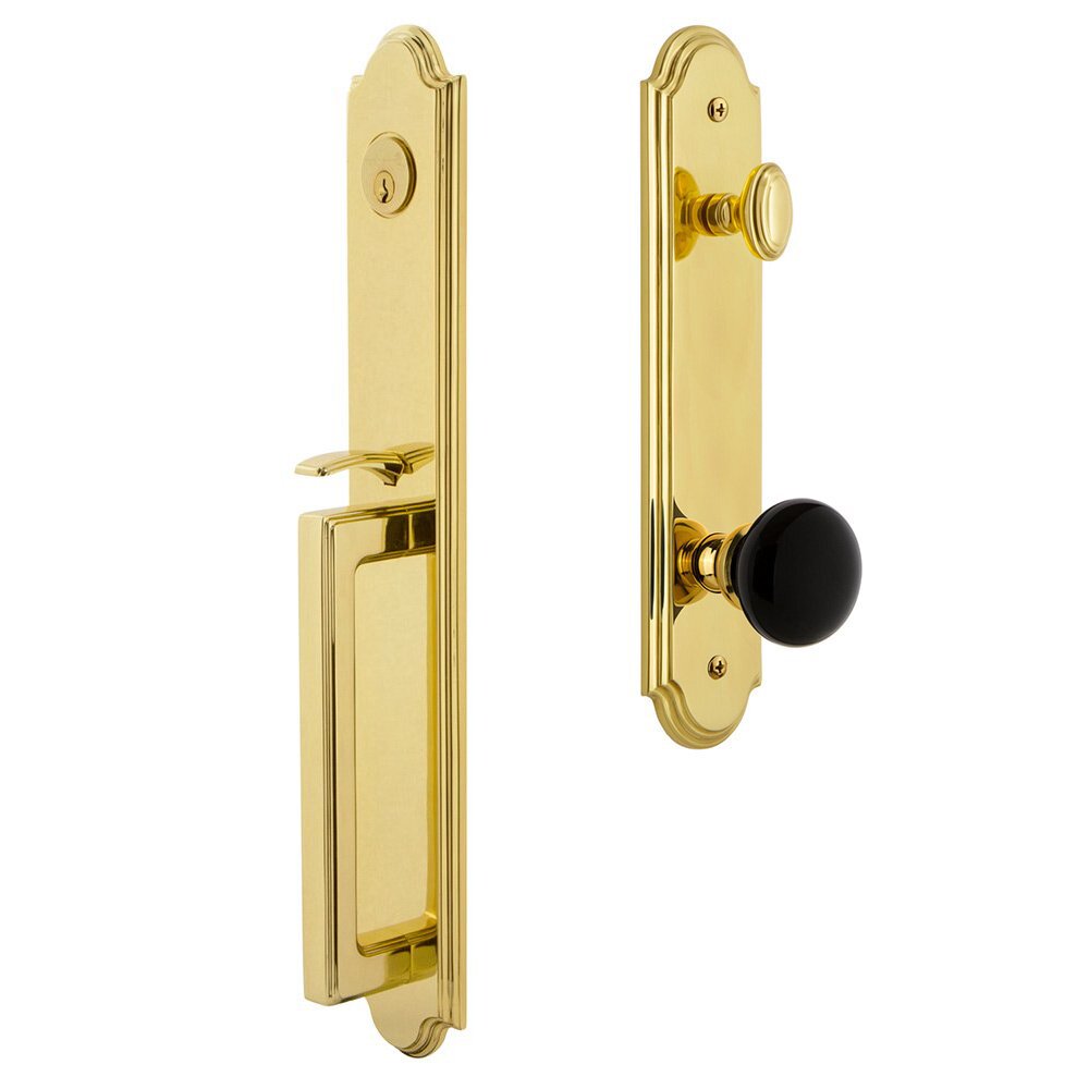 Grandeur Arc One-Piece Handleset with D Grip and Coventry Knob in Lifetime Brass