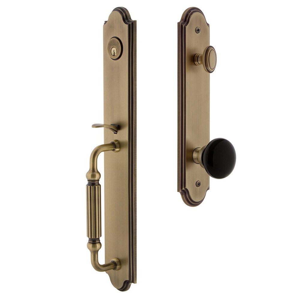 Grandeur Arc One-Piece Handleset with F Grip and Coventry Knob in Vintage Brass