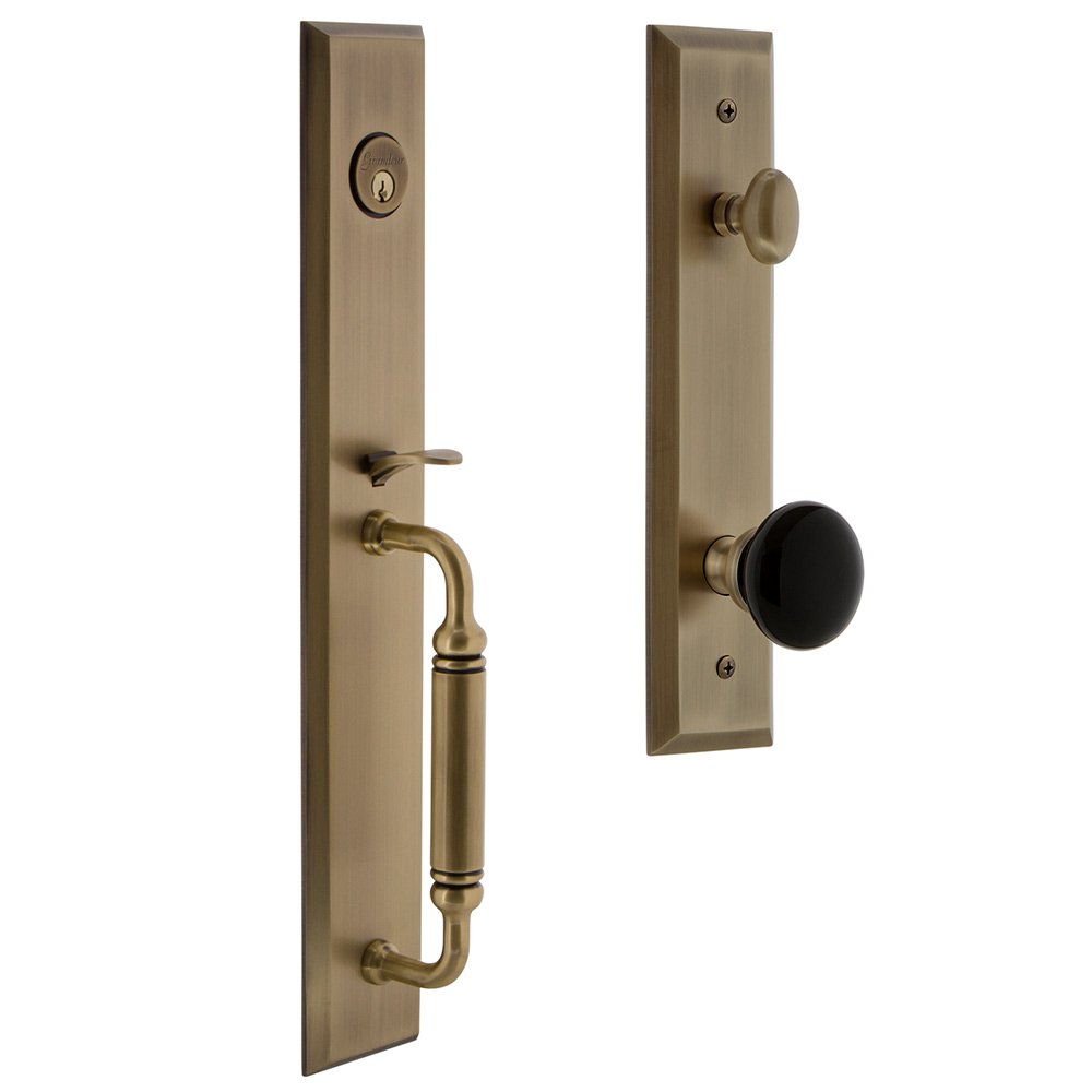 Grandeur One-Piece Handleset with C Grip and Coventry Knob in Vintage Brass