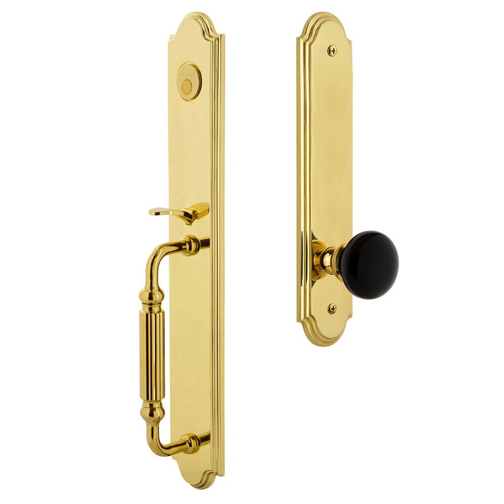 Grandeur Arc One-Piece Dummy Handleset with F Grip and Coventry Knob Lifetime Brass