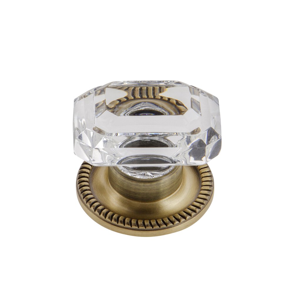 Grandeur Baguette Clear Crystal 1-9/16" Knob with Newport Rosette in Vintage Brass