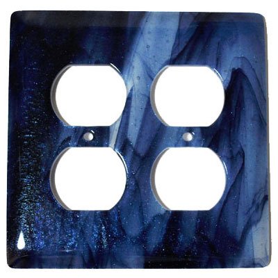 Hot Knobs Double Outlet Glass Switchplate in Metallic Blue Clear Swirl