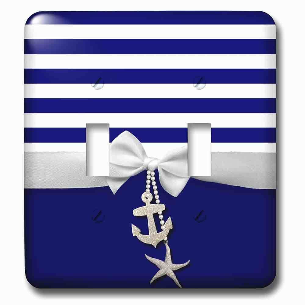 Jazzy Wallplates Double Toggle Wallplate With Nautical Navy Blue And White Stripes 2D Ribbon Bow Graphic And Printed Anchor And Starfish Charms