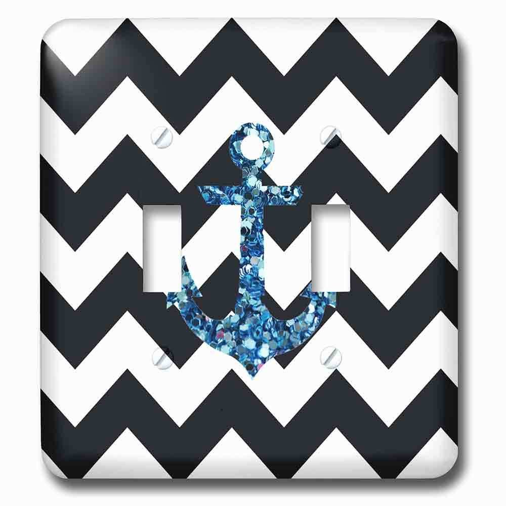 Jazzy Wallplates Double Toggle Wallplate With Blue Glittery Anchor With Black And White Chevron