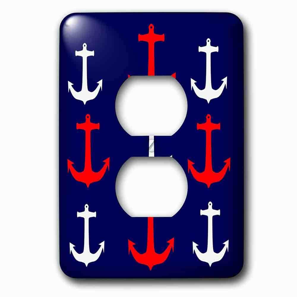 Jazzy Wallplates Single Duplex Outlet With Image Of Red And White Anchors In Rows On Navy Blue