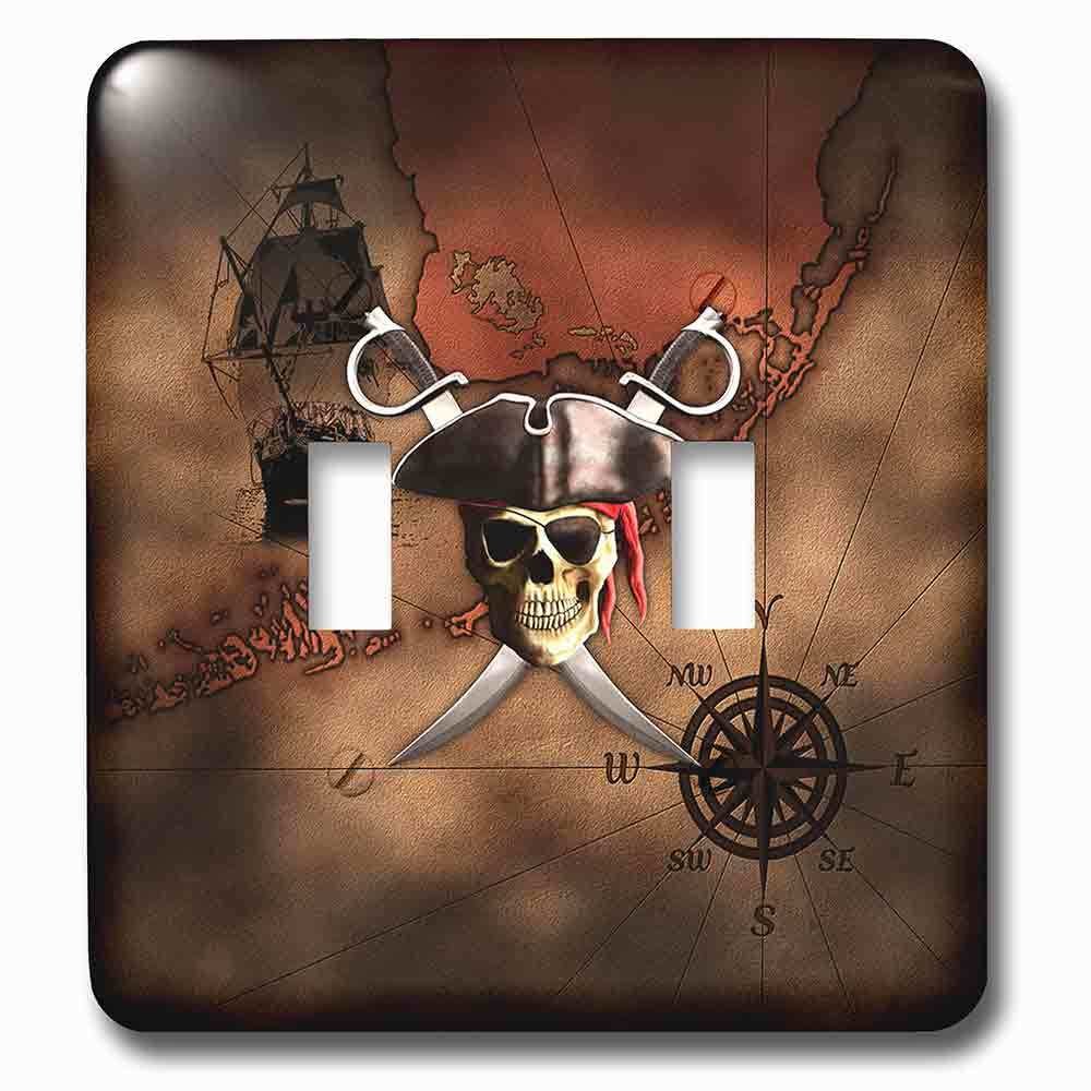Jazzy Wallplates Double Toggle Wallplate With Pirate Skull And Crossed Swords Over A Nautical Pirate Map.