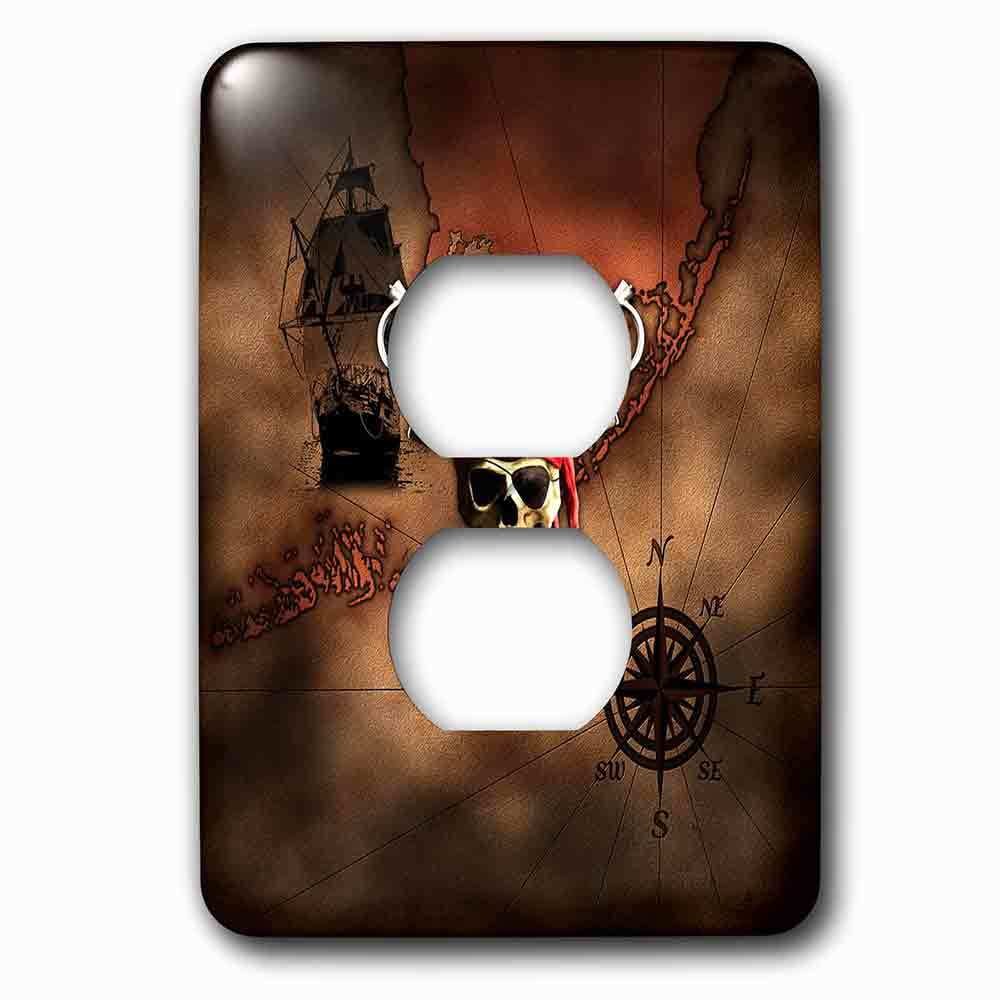 Jazzy Wallplates Single Duplex Outlet With Pirate Skull And Crossed Swords Over A Nautical Pirate Map.