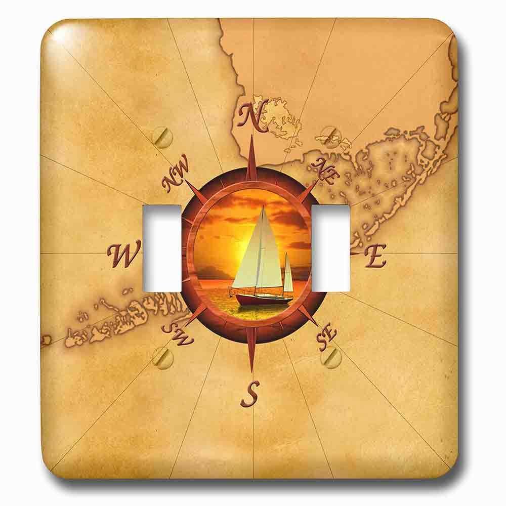 Jazzy Wallplates Double Toggle Wallplate With Nautical Map And Compass Rose With Sailboat And Ocean Sunset.
