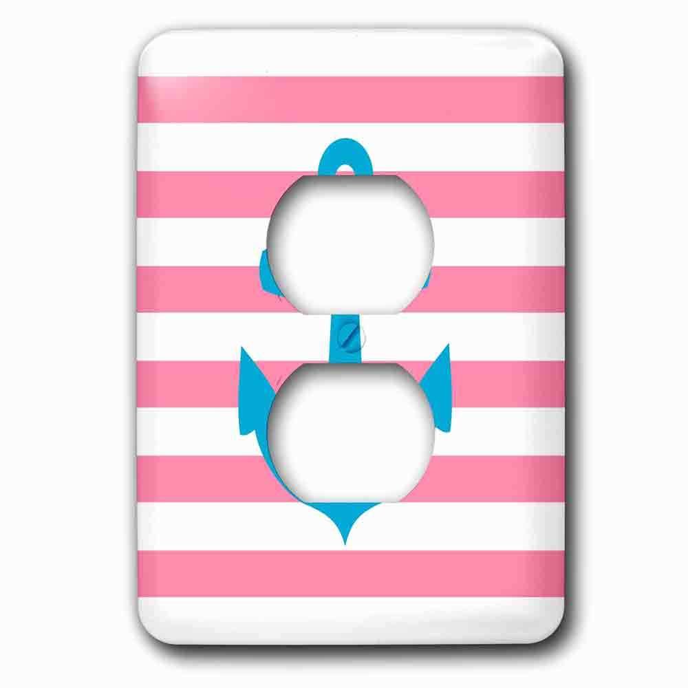 Jazzy Wallplates Single Duplex Outlet With Nautical Light Blue Anchor With Coral Red Or Pink Sailor Stripes Pattern French Breton Stripe