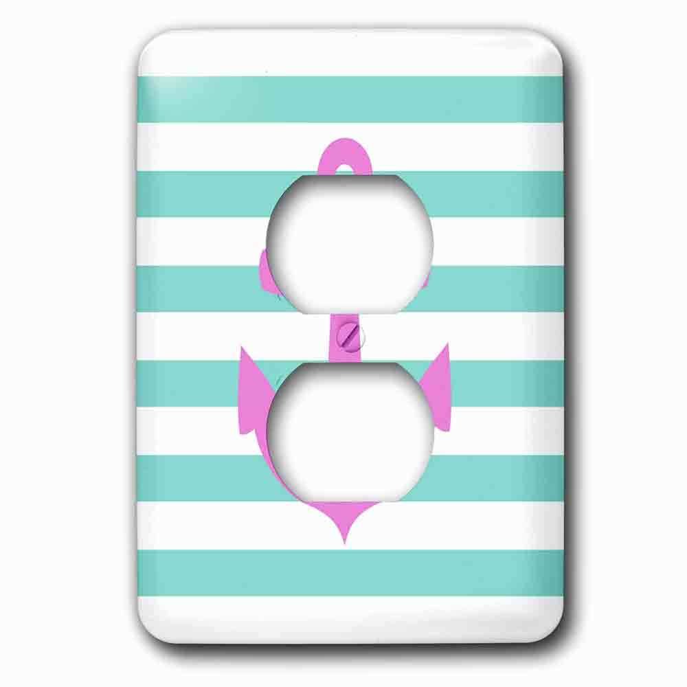 Jazzy Wallplates Single Duplex Outlet With Retro Nautical Pink Anchor With Teal Turquoise Blue Sailor Stripes Pattern French Breton Stripe