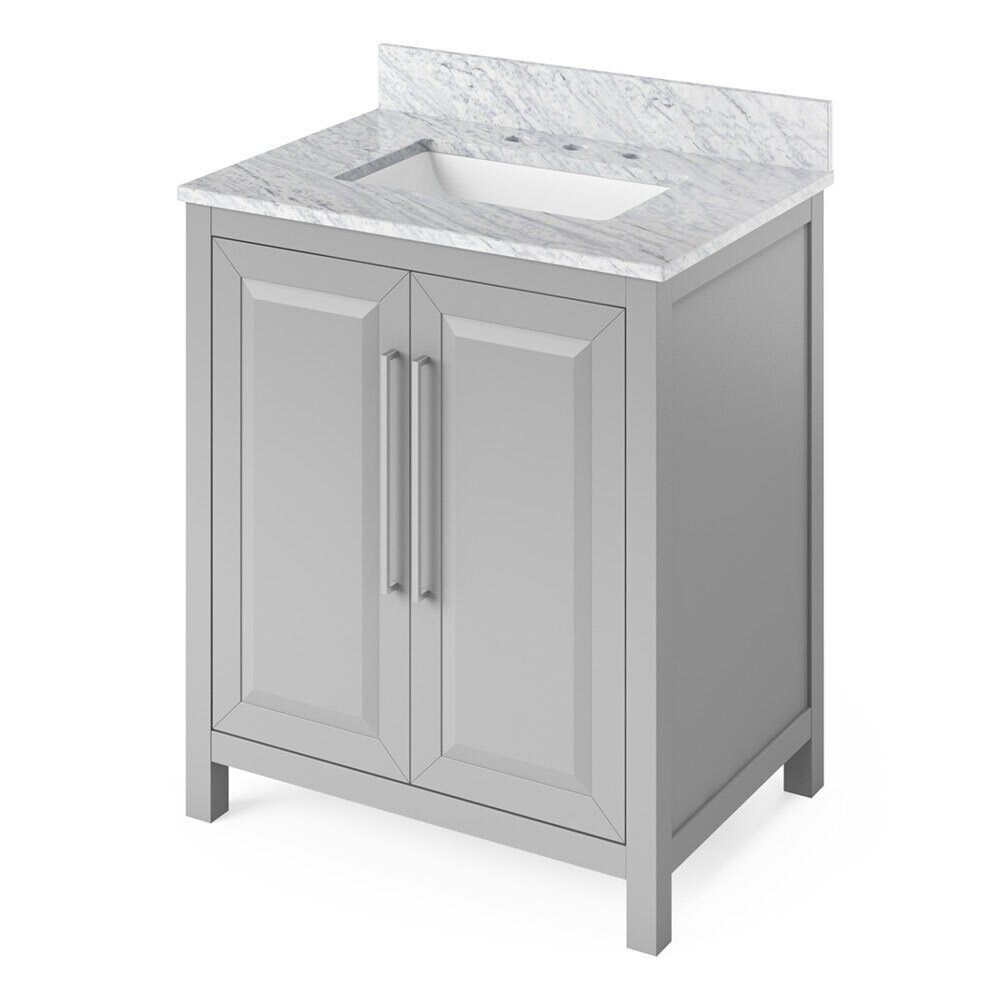Jeffrey Alexander 30" Grey Cade Vanity, White Carrara Marble Vanity Top, undermount rectangle bowl