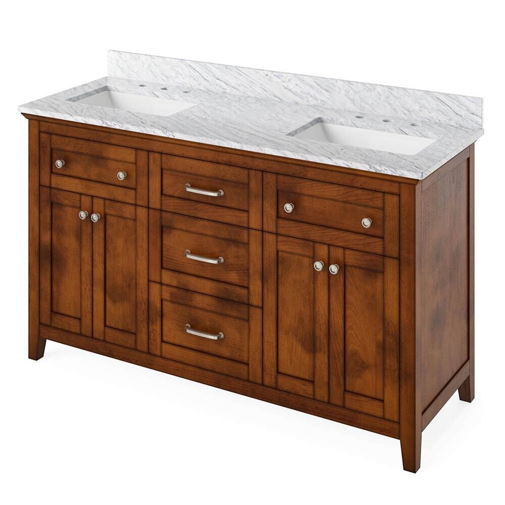 Jeffrey Alexander 60" Chocolate Chatham Vanity, double bowl, White Carrara Marble Vanity Top, two undermount rectangle bowls